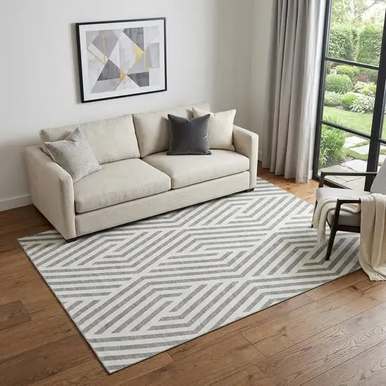 Gray And Ivory Geometric Washable Area Rug With UV Protection Photo 1