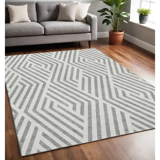 Gray And Ivory Geometric Washable Area Rug With UV Protection Photo 2