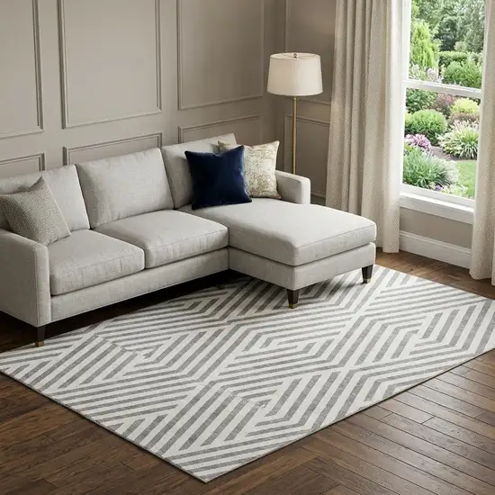Gray And Ivory Geometric Washable Area Rug With UV Protection Photo 1