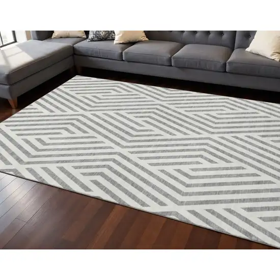 Gray And Ivory Geometric Washable Area Rug With UV Protection Photo 2