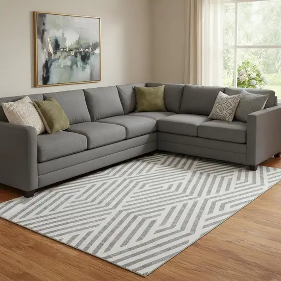 Gray And Ivory Geometric Washable Area Rug With UV Protection Photo 1