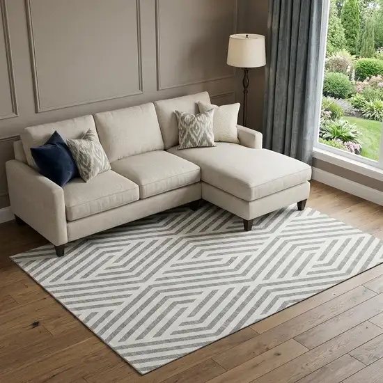 Gray And Ivory Geometric Washable Area Rug With UV Protection Photo 1