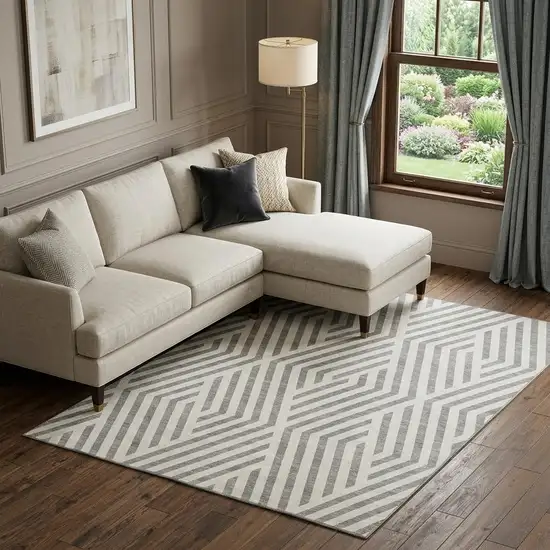 Gray And Ivory Geometric Washable Area Rug With UV Protection Photo 2
