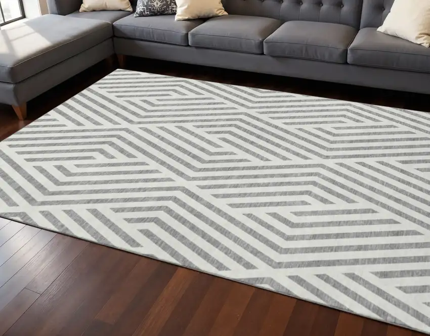 Gray And Ivory Geometric Washable Area Rug With UV Protection Photo 2