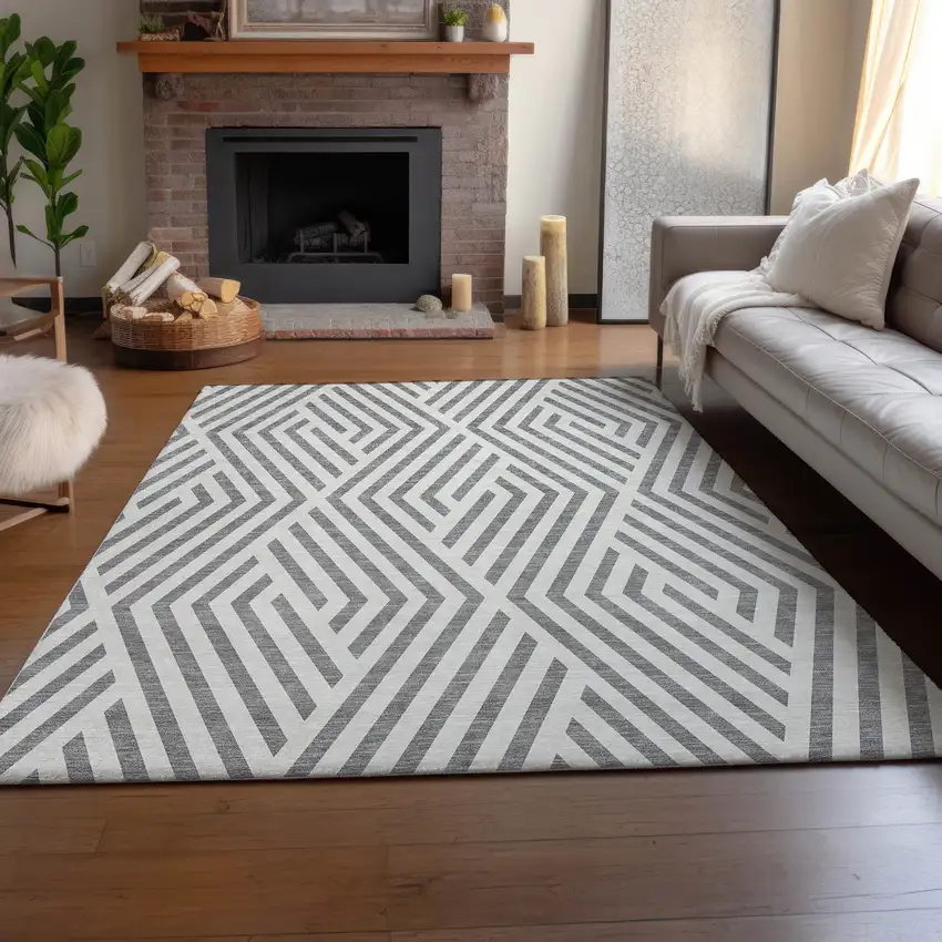 Gray And Ivory Geometric Washable Area Rug With UV Protection Photo 6