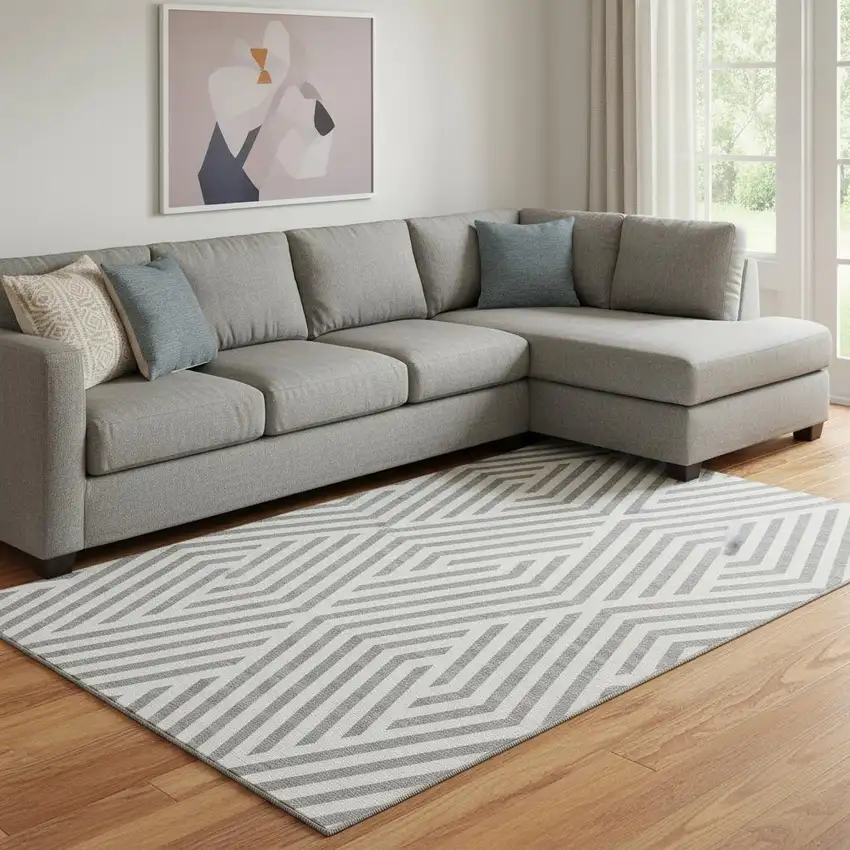 Gray And Ivory Geometric Washable Area Rug With UV Protection Photo 1