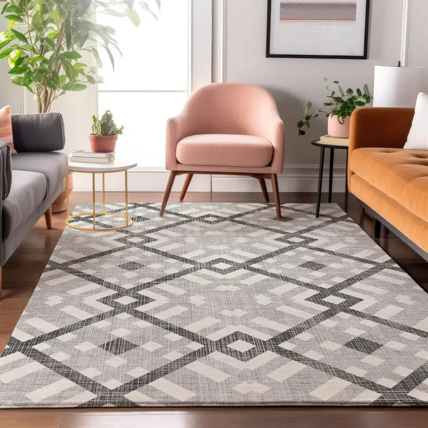 Gray And Ivory Geometric Washable Area Rug With UV Protection Photo 4
