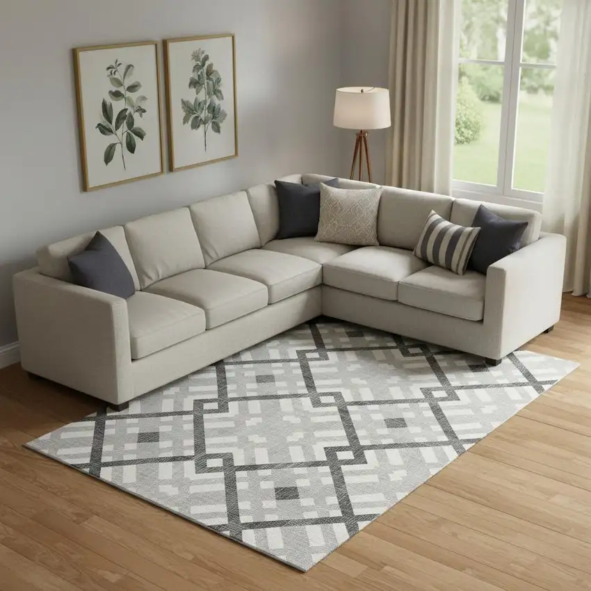 Gray And Ivory Geometric Washable Area Rug With UV Protection Photo 3