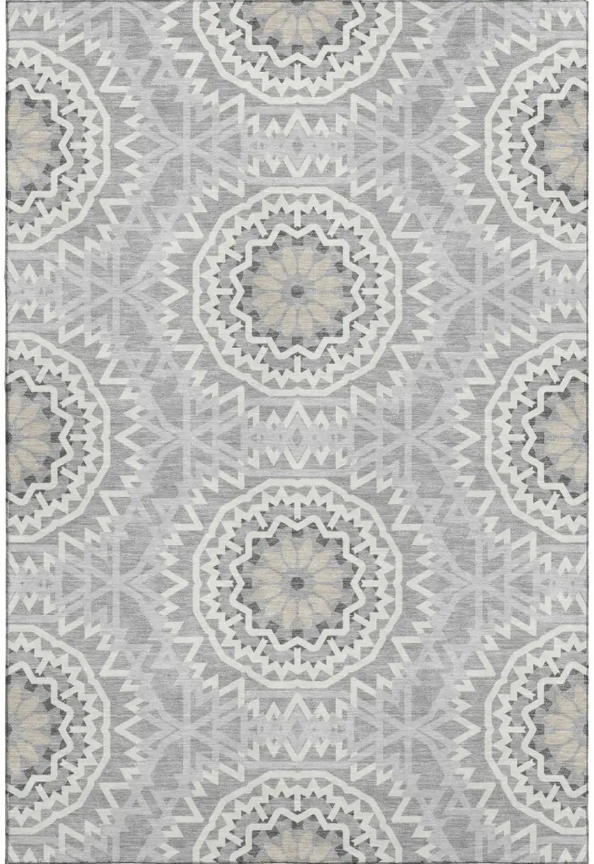 Gray And Ivory Geometric Washable Area Rug With UV Protection Photo 1