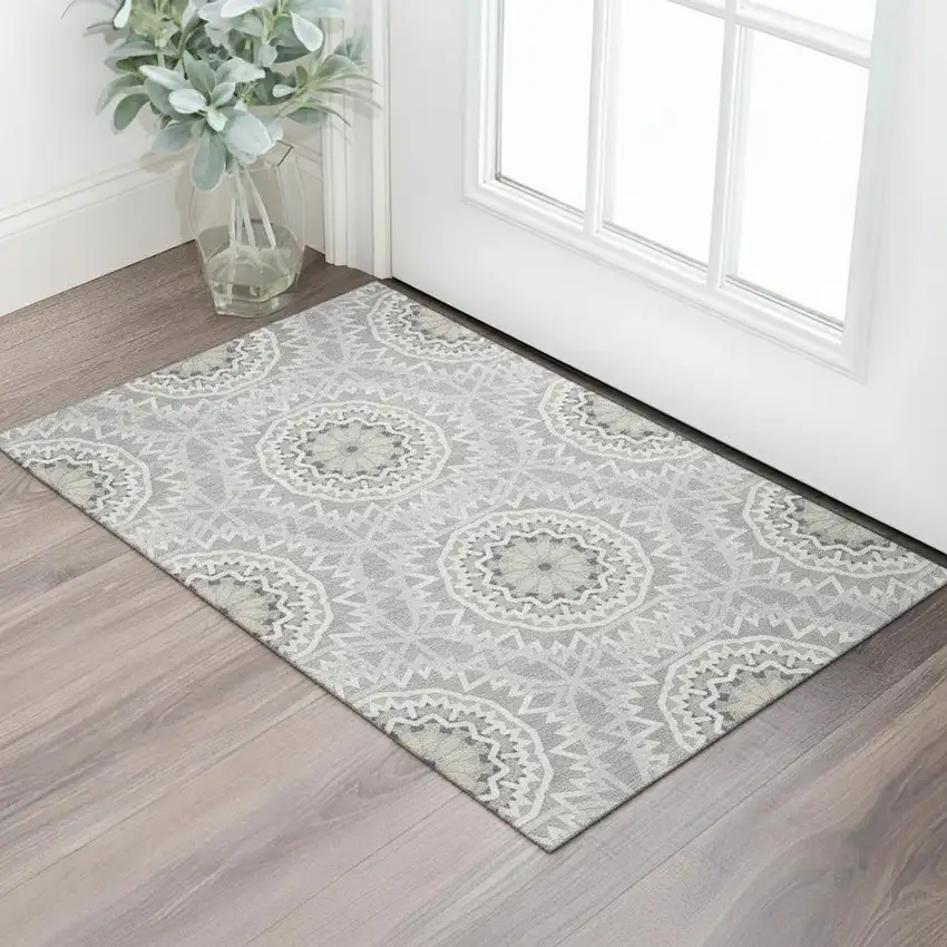 Gray And Ivory Geometric Washable Area Rug With UV Protection Photo 1