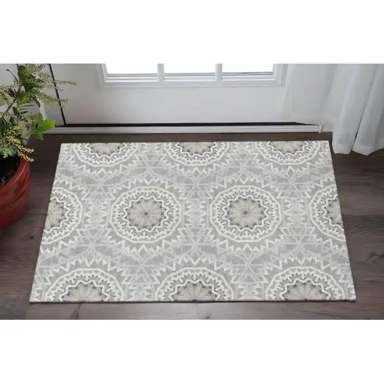 Gray And Ivory Geometric Washable Area Rug With UV Protection Photo 2