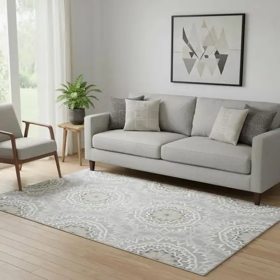 Gray And Ivory Geometric Washable Area Rug With UV Protection Photo 1
