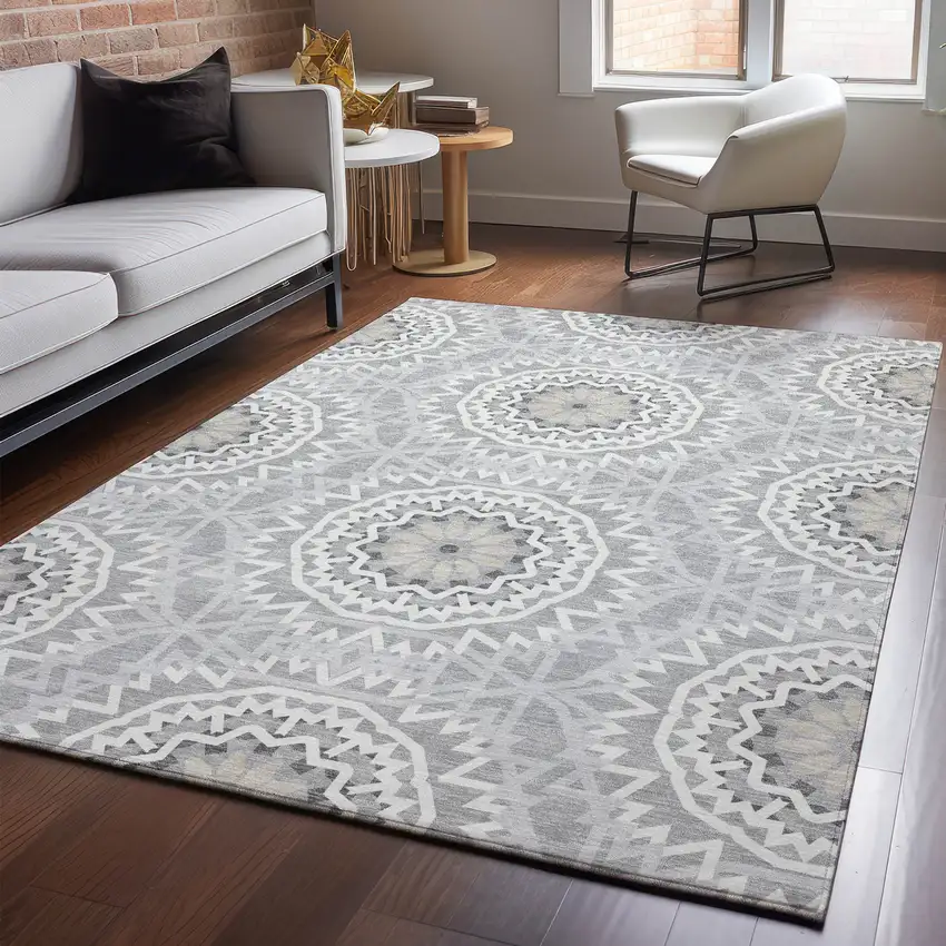 Gray And Ivory Geometric Washable Area Rug With UV Protection Photo 5
