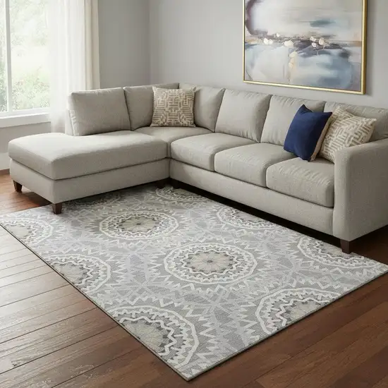 Gray And Ivory Geometric Washable Area Rug With UV Protection Photo 1