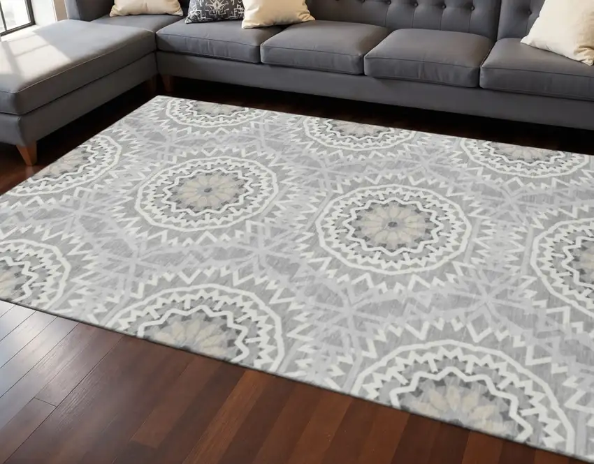 Gray And Ivory Geometric Washable Area Rug With UV Protection Photo 2