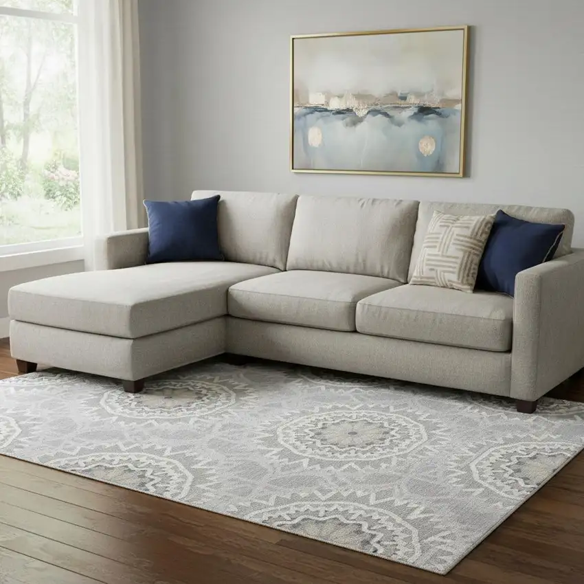 Gray And Ivory Geometric Washable Area Rug With UV Protection Photo 1