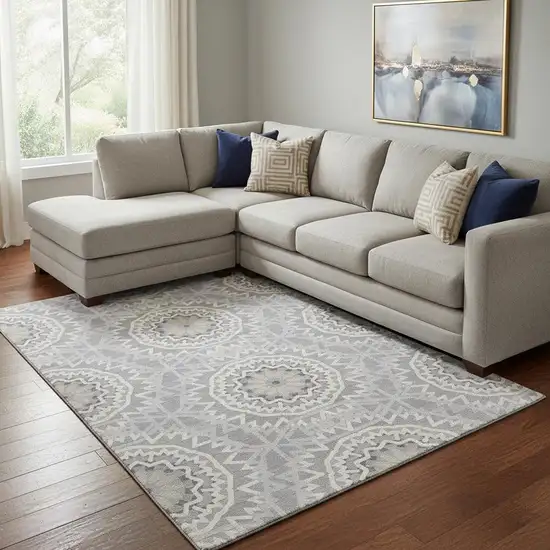 Gray And Ivory Geometric Washable Area Rug With UV Protection Photo 1