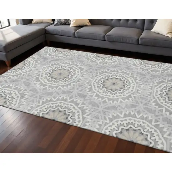 Gray And Ivory Geometric Washable Area Rug With UV Protection Photo 2