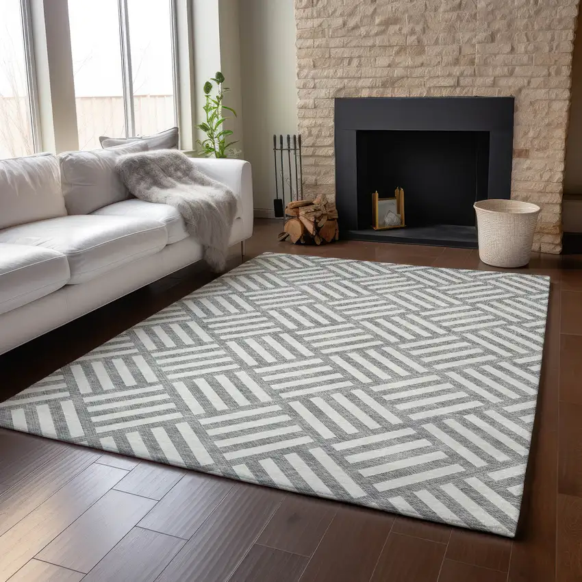 Gray And Ivory Geometric Washable Area Rug With UV Protection Photo 5