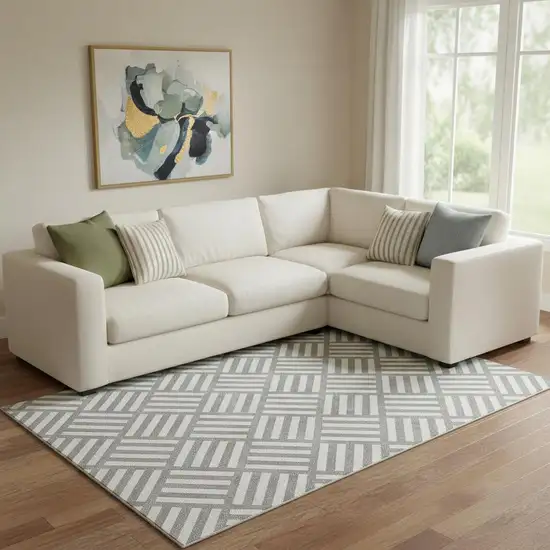 Gray And Ivory Geometric Washable Area Rug With UV Protection Photo 1