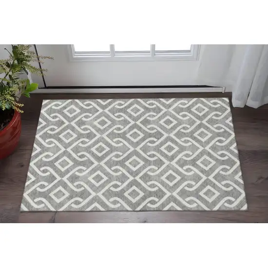 Gray And Ivory Geometric Washable Area Rug With UV Protection Photo 2