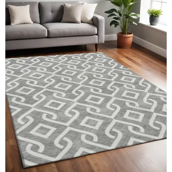 Gray And Ivory Geometric Washable Area Rug With UV Protection Photo 2