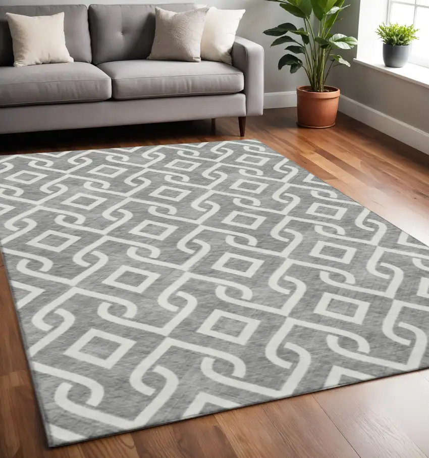 Gray And Ivory Geometric Washable Area Rug With UV Protection Photo 2