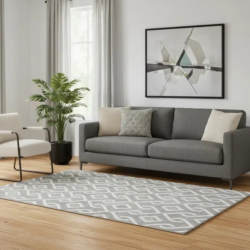 Gray And Ivory Geometric Washable Area Rug With UV Protection Photo 1