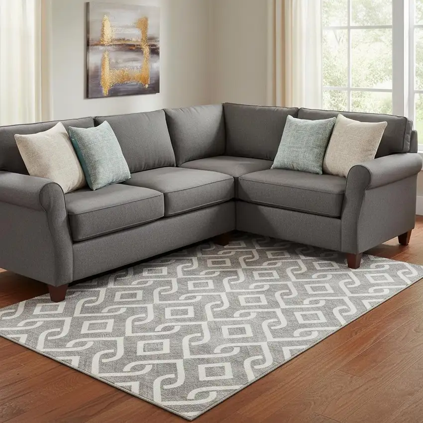 Gray And Ivory Geometric Washable Area Rug With UV Protection Photo 1