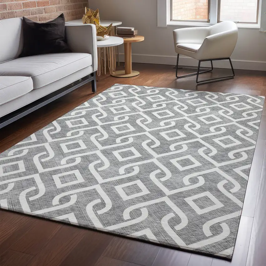 Gray And Ivory Geometric Washable Area Rug With UV Protection Photo 3