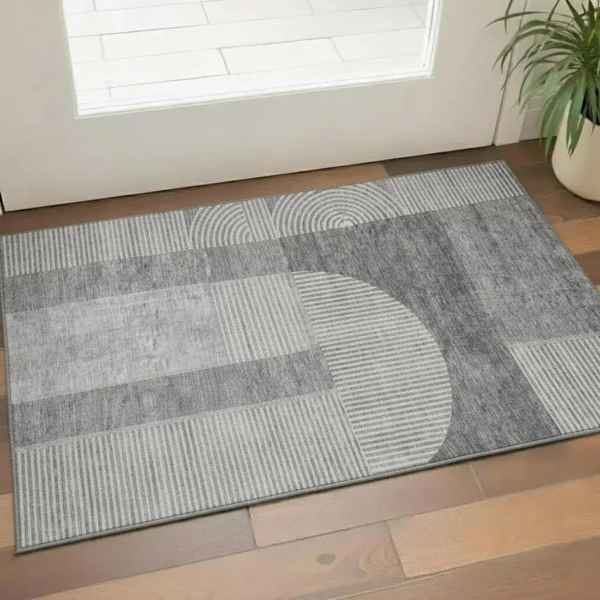 Gray And Ivory Geometric Washable Area Rug With UV Protection Photo 1