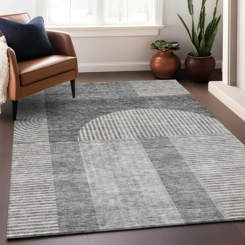 Gray And Ivory Geometric Washable Area Rug With UV Protection Photo 5