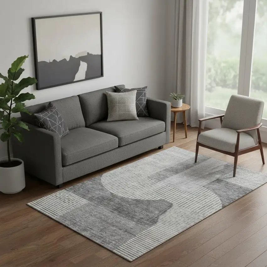 Gray And Ivory Geometric Washable Area Rug With UV Protection Photo 1