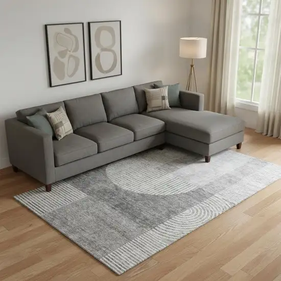 Gray And Ivory Geometric Washable Area Rug With UV Protection Photo 1