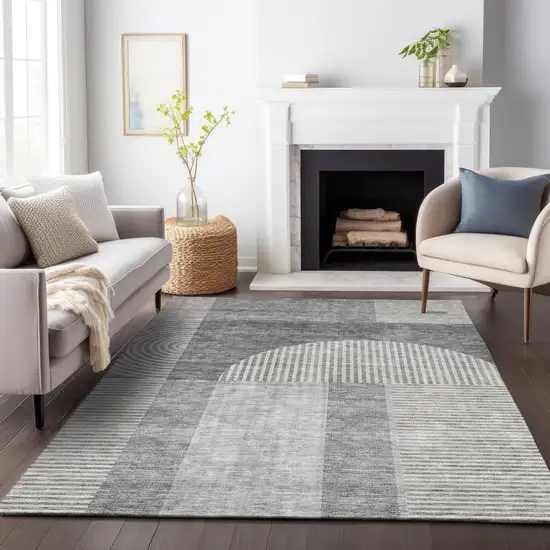 Gray And Ivory Geometric Washable Area Rug With UV Protection Photo 4