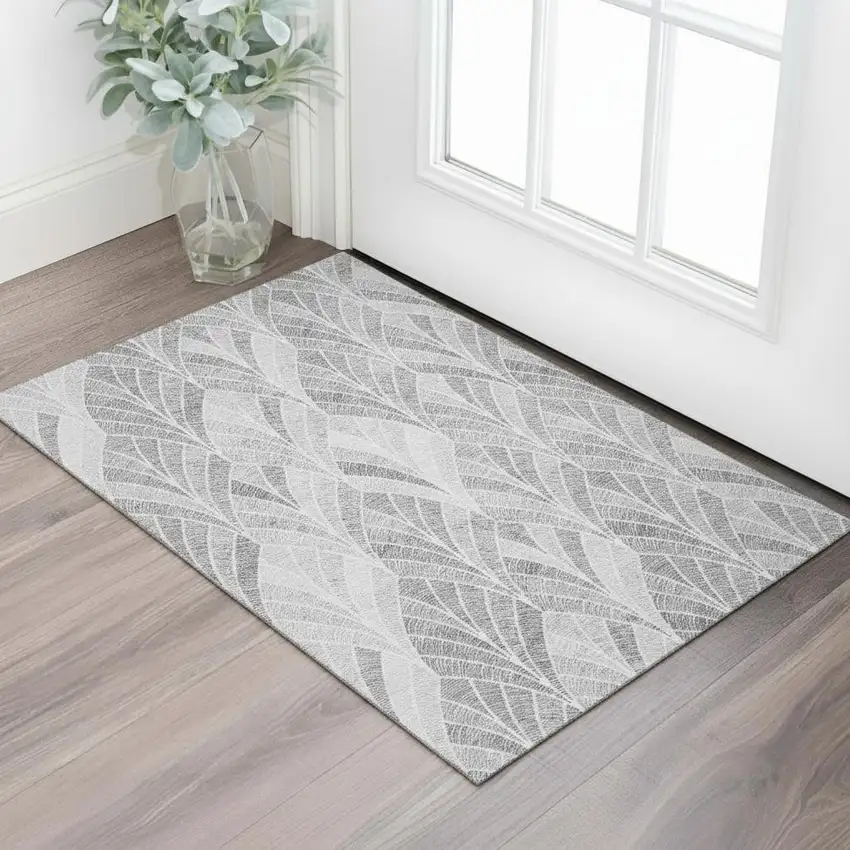 Gray And Ivory Geometric Washable Area Rug With UV Protection Photo 1