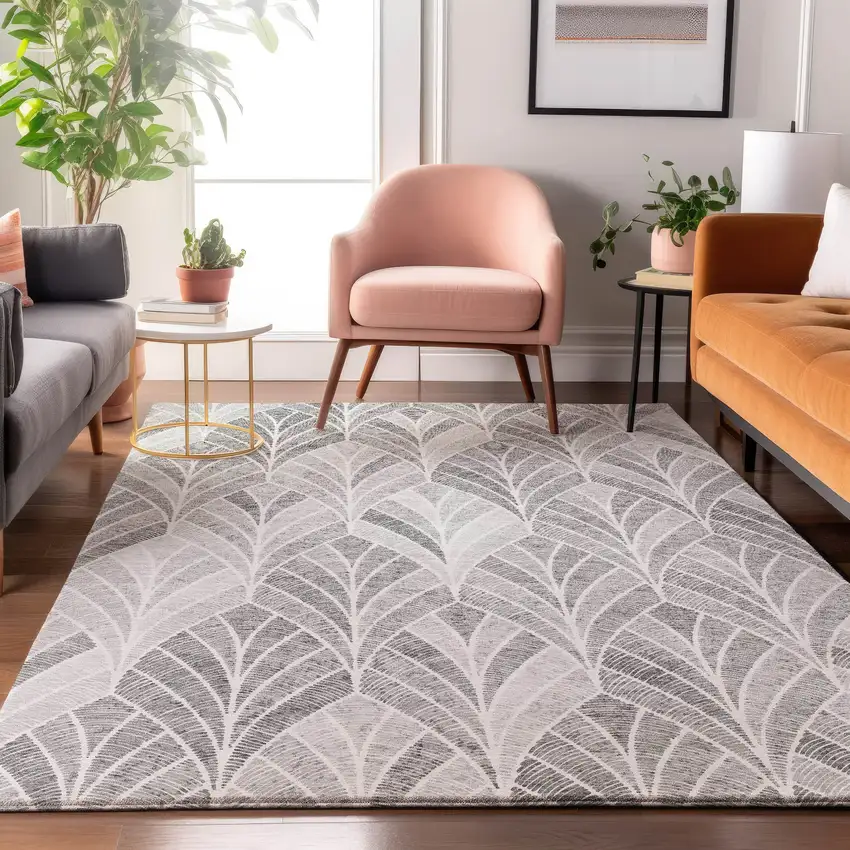 Gray And Ivory Geometric Washable Area Rug With UV Protection Photo 4