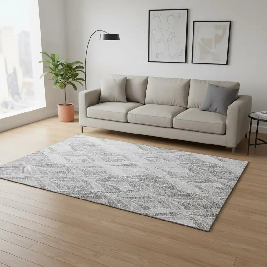 Gray And Ivory Geometric Washable Area Rug With UV Protection Photo 2