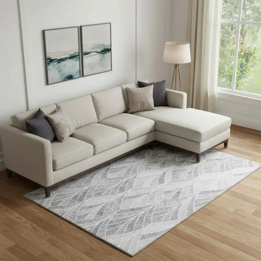 Gray And Ivory Geometric Washable Area Rug With UV Protection Photo 1
