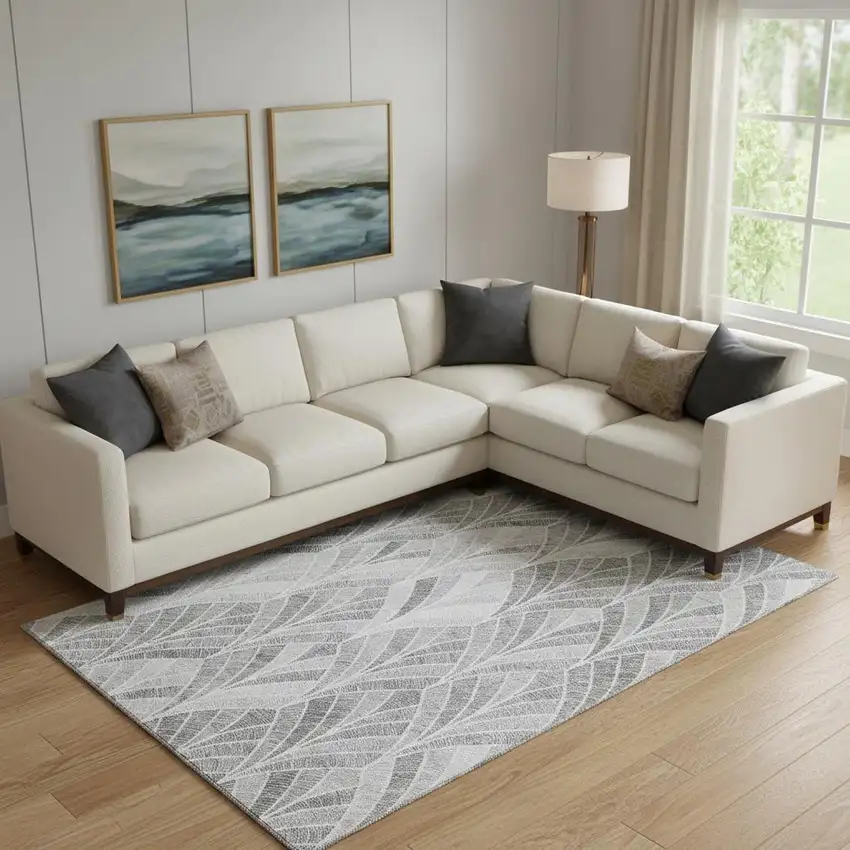 Gray And Ivory Geometric Washable Area Rug With UV Protection Photo 1