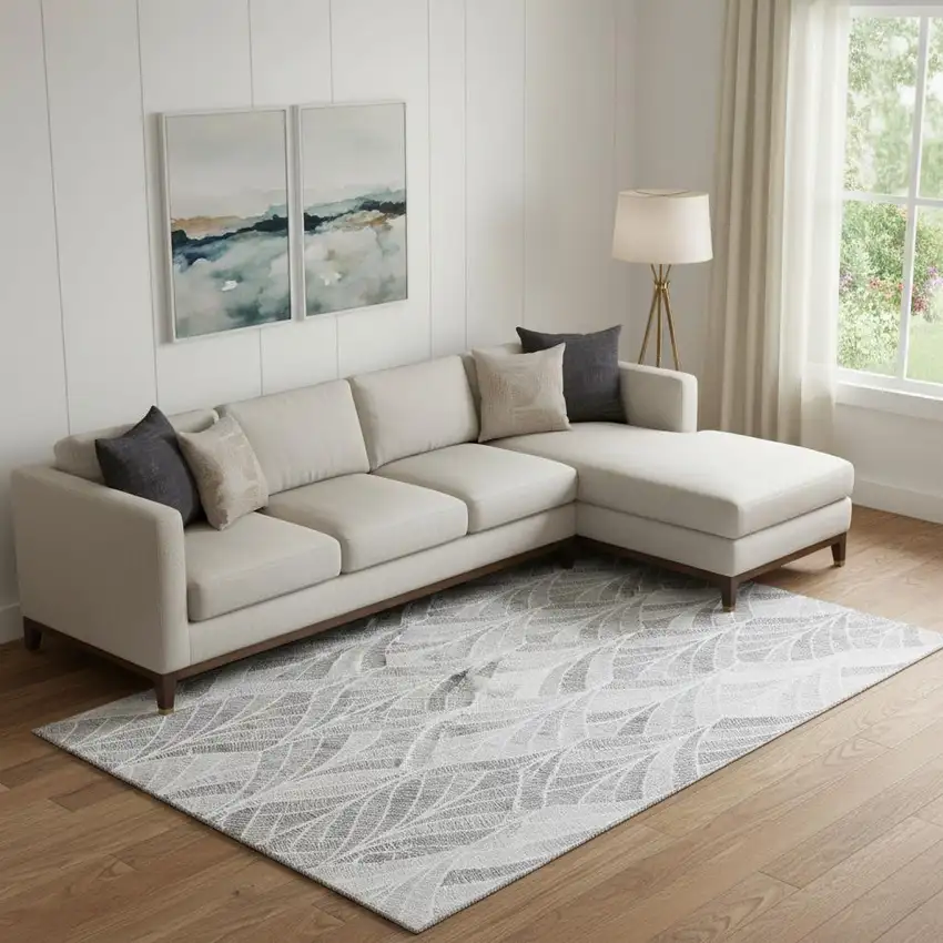 Gray And Ivory Geometric Washable Area Rug With UV Protection Photo 1