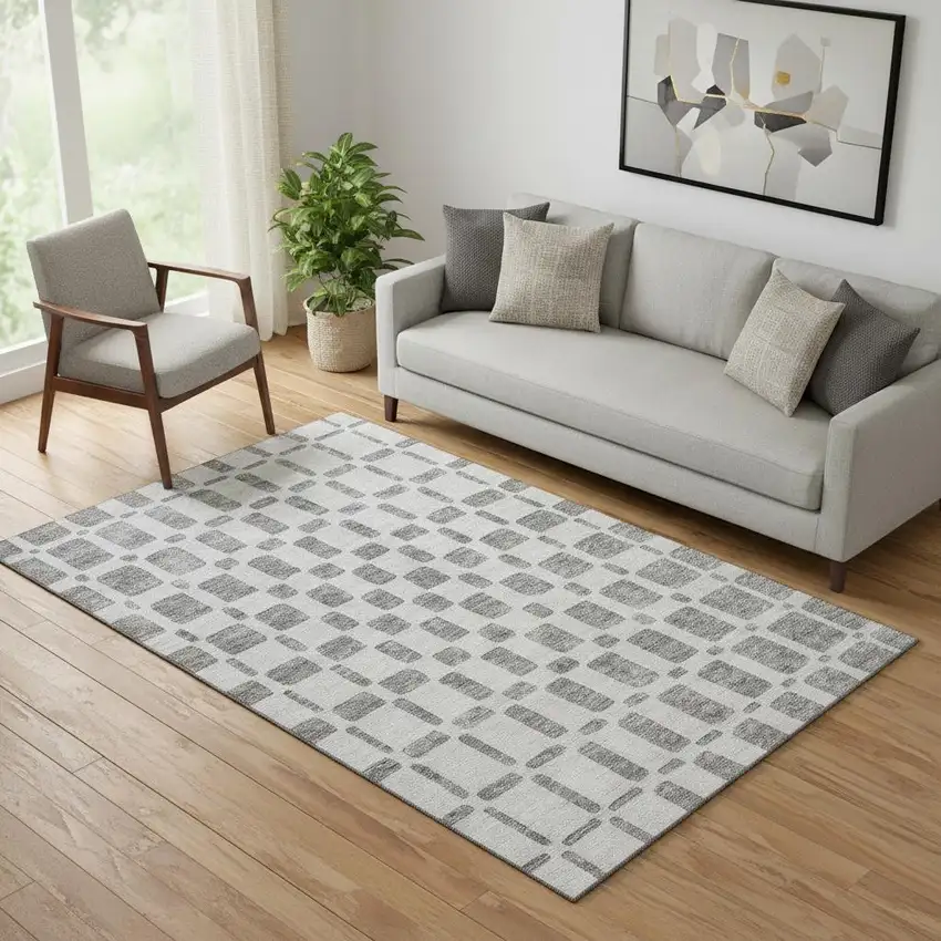 Gray And Ivory Geometric Washable Area Rug With UV Protection Photo 1