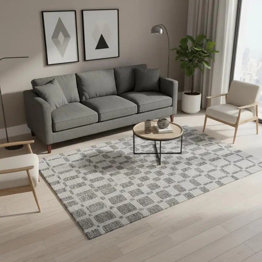 Gray And Ivory Geometric Washable Area Rug With UV Protection Photo 2