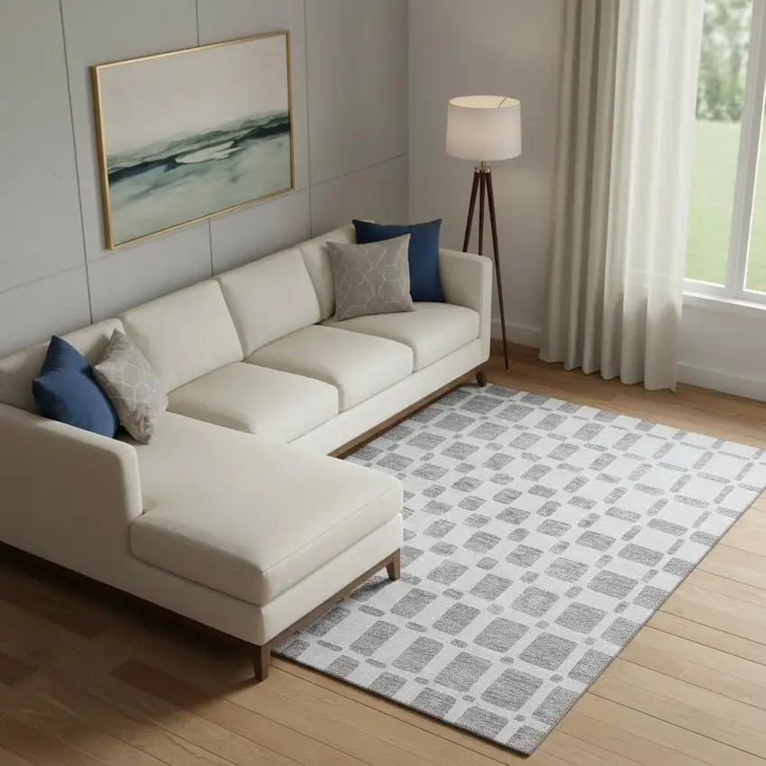 Gray And Ivory Geometric Washable Area Rug With UV Protection Photo 1
