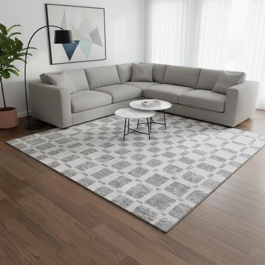 Gray And Ivory Geometric Washable Area Rug With UV Protection Photo 2