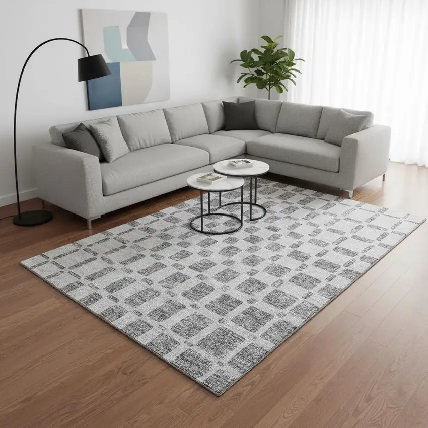 Gray And Ivory Geometric Washable Area Rug With UV Protection Photo 2