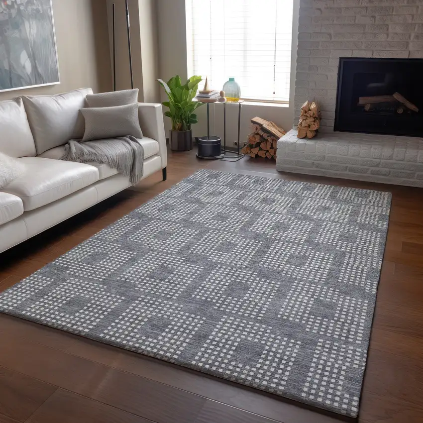 Gray And Ivory Geometric Washable Area Rug With UV Protection Photo 6