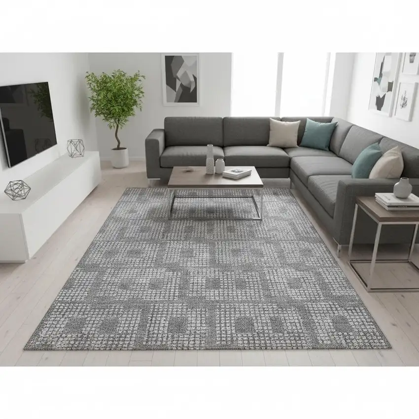 Gray And Ivory Geometric Washable Area Rug With UV Protection Photo 2