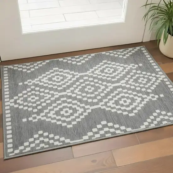 Gray And Ivory Geometric Washable Area Rug With UV Protection Photo 2