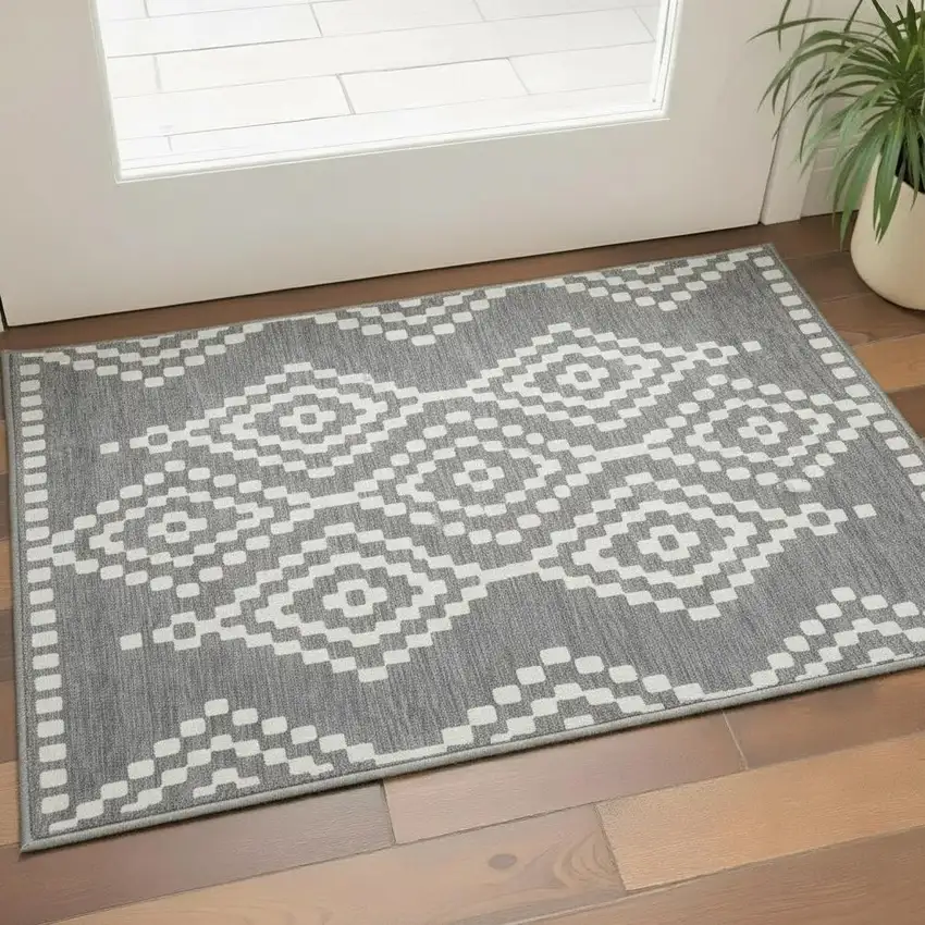 Gray And Ivory Geometric Washable Area Rug With UV Protection Photo 2